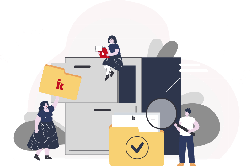 Archivador con personas buscando y trabajando con carpetas